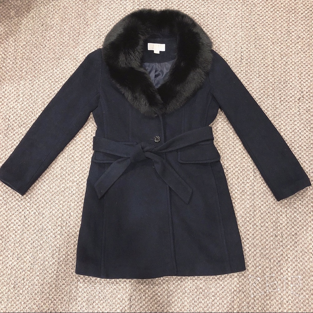 Michael Kors Navy Wool + Fur Trench Coat